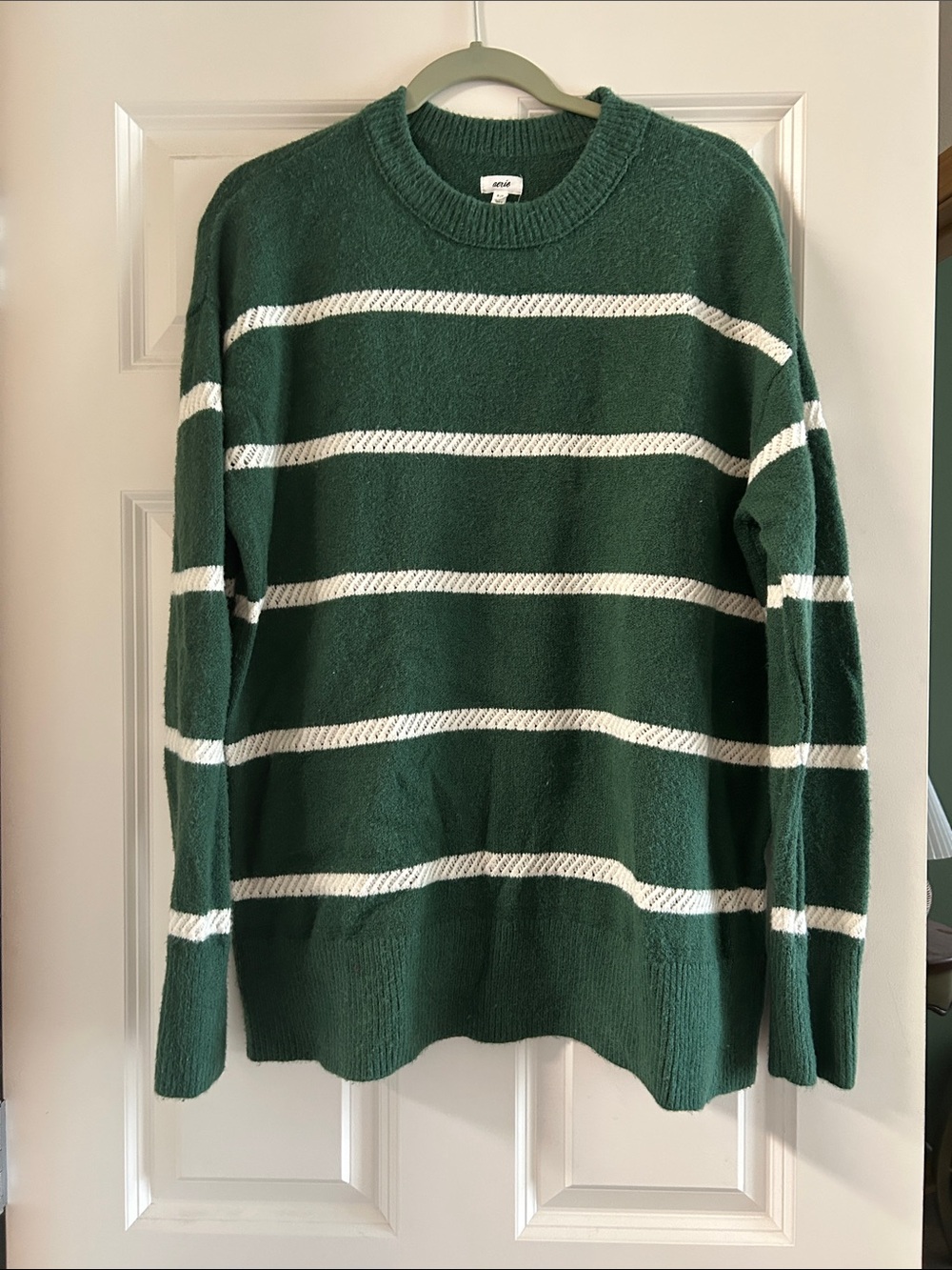 aerie Forest Green and White Striped Crewneck Sweater S